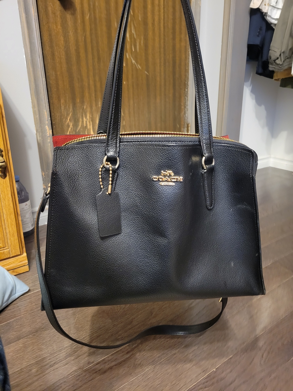 Coach Tatum Carryall Black Leather Tote Bag with Red Accent